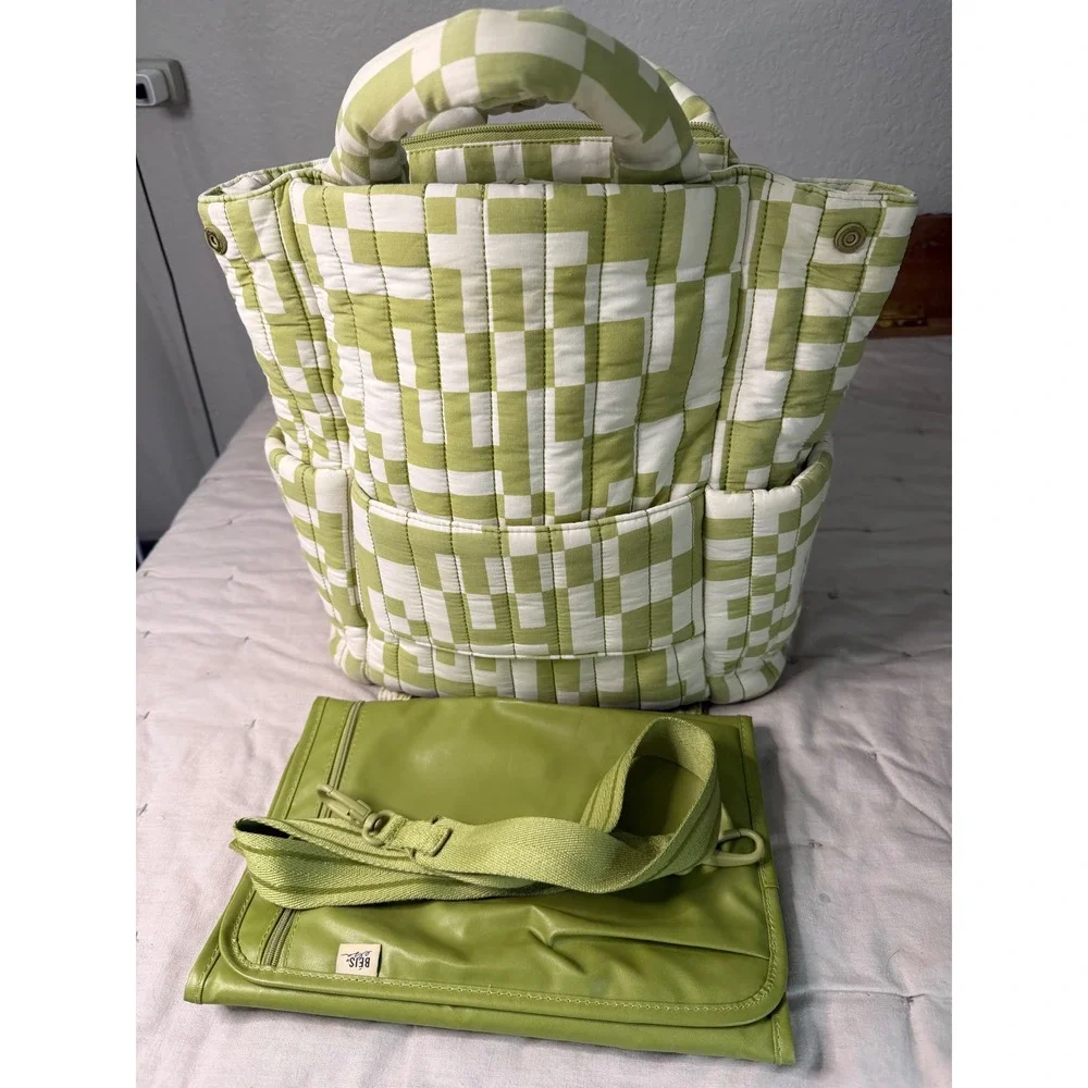 BEIS Elsa Hosk Quilted Diaper Backpack Green White Checkered with Changing Mat